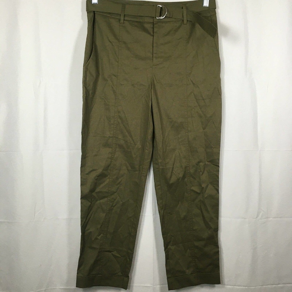 Chicos Pants Womens Sz 0.5 US 6 Olive Straight Leg Stretch Belted Trousers Ankle